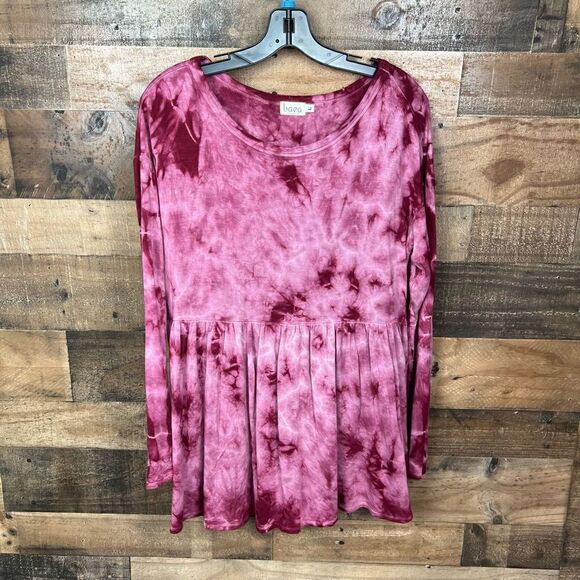 Baea Peplum Tunic Top Rounded Neck Pink Magenta White Tie Dye Long Sleeve Large - Picture 9 of 9
